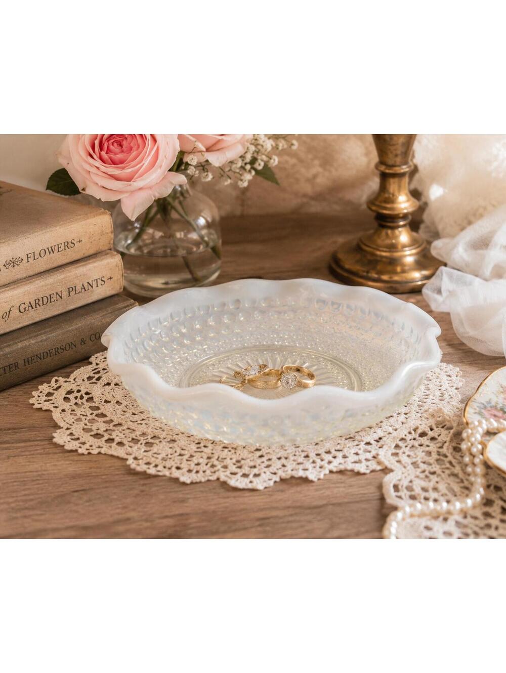 Vintage Anchor Hocking Moonstone Hobnail Opalescent Bowl Clear/White Crimped